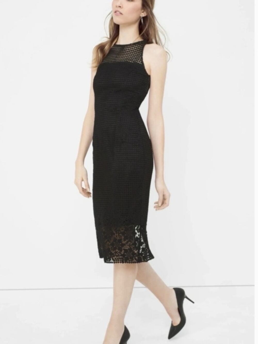 WHBM Black Crochet Lace Sheath Dress 0 Modern Career Cocktail Wedding Guest NEW